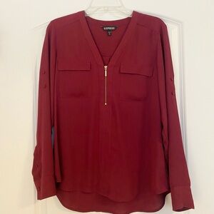 Express Women's Burgundy Button-Front Blouse with Gold Zip